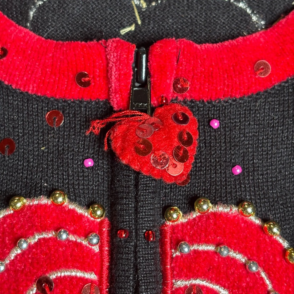 Vintage Jack B. Quick Black Hearts Valentines Beaded Cardigan Sweater Women L - Picture 2 of 7